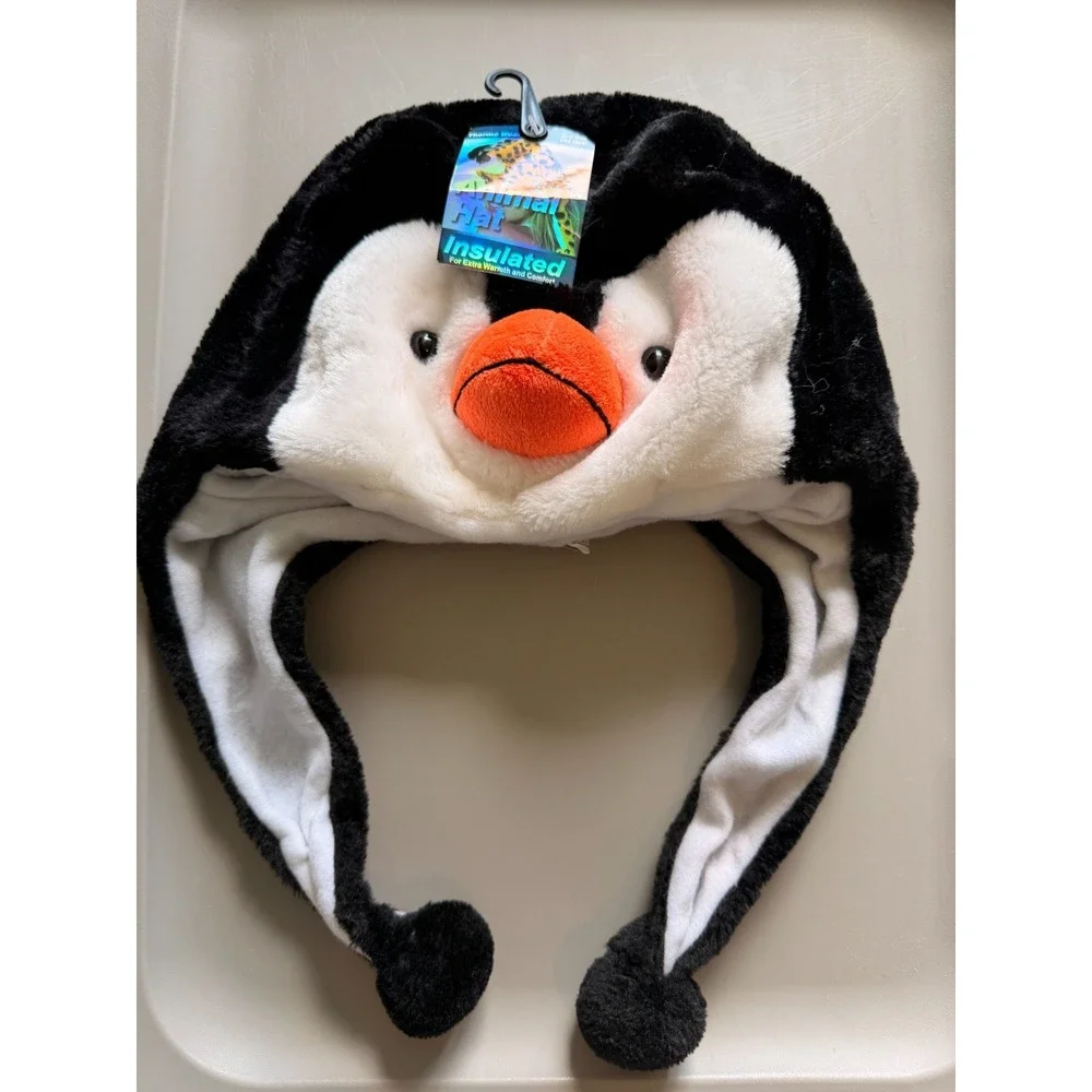 Penguin Plush Animal Winter Hat Insulated Ear Flaps Pom Poms Novelty Beanie NWT